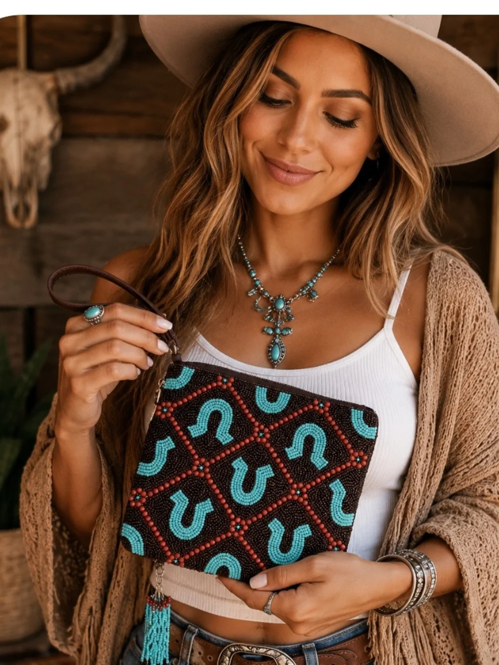 NWOT- sincerely Jules beaded wristlet clutch  Brown turquoise BoHo  SW 7 x 8”